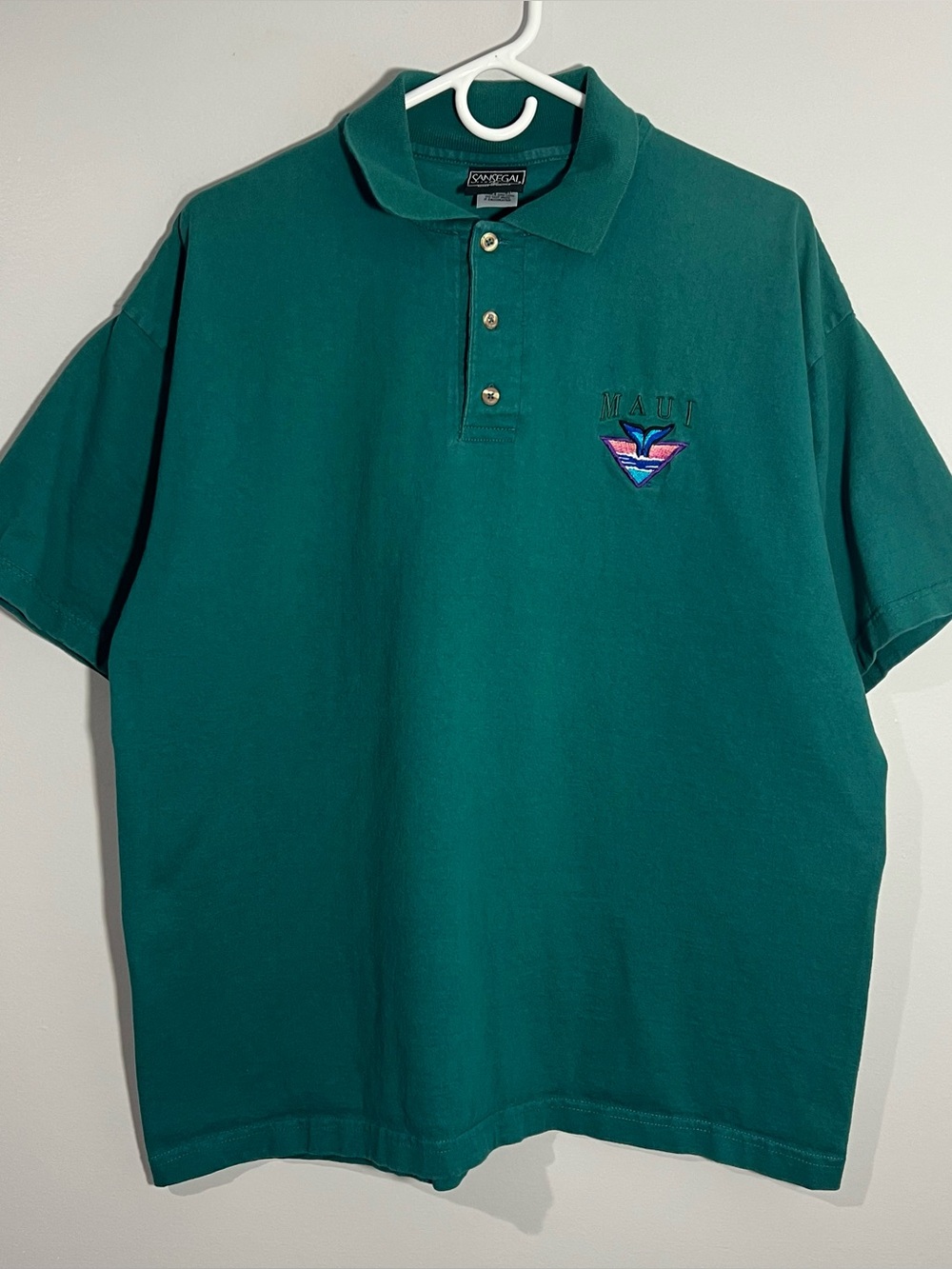 Vintage Sansegal Maui Hawaii Whale Sea Green Short Sleeve Polo Shirt Mens Large